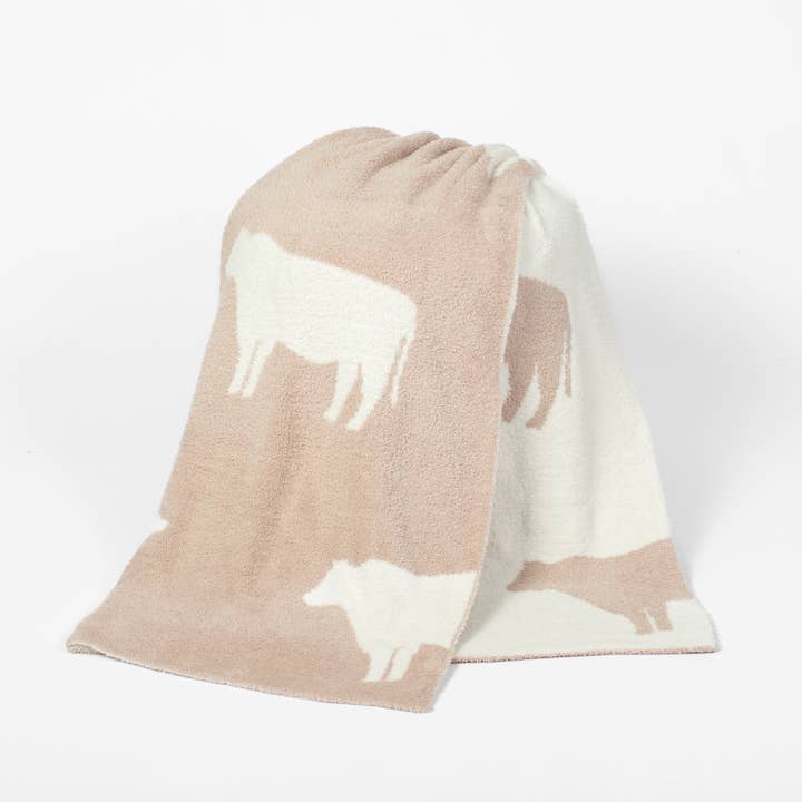 American Farm Company - Wholesale Throw Blanket - AFC Cow Luxe Blanket Tan/White - Throw Blanket