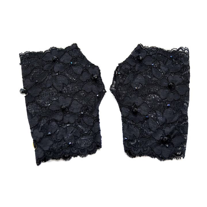Gants sans doigts en dentelle florale noire pour la vente par ADIBA