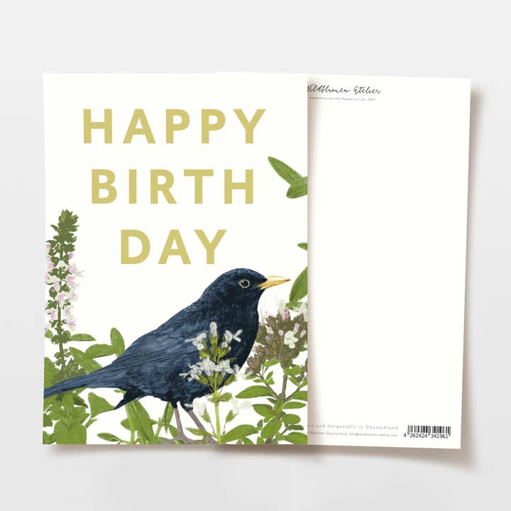 Fødselsdagskort med fugl og vilde blomster på FSC-certificeret papir for engroshandel hos Wildblumen Atelier