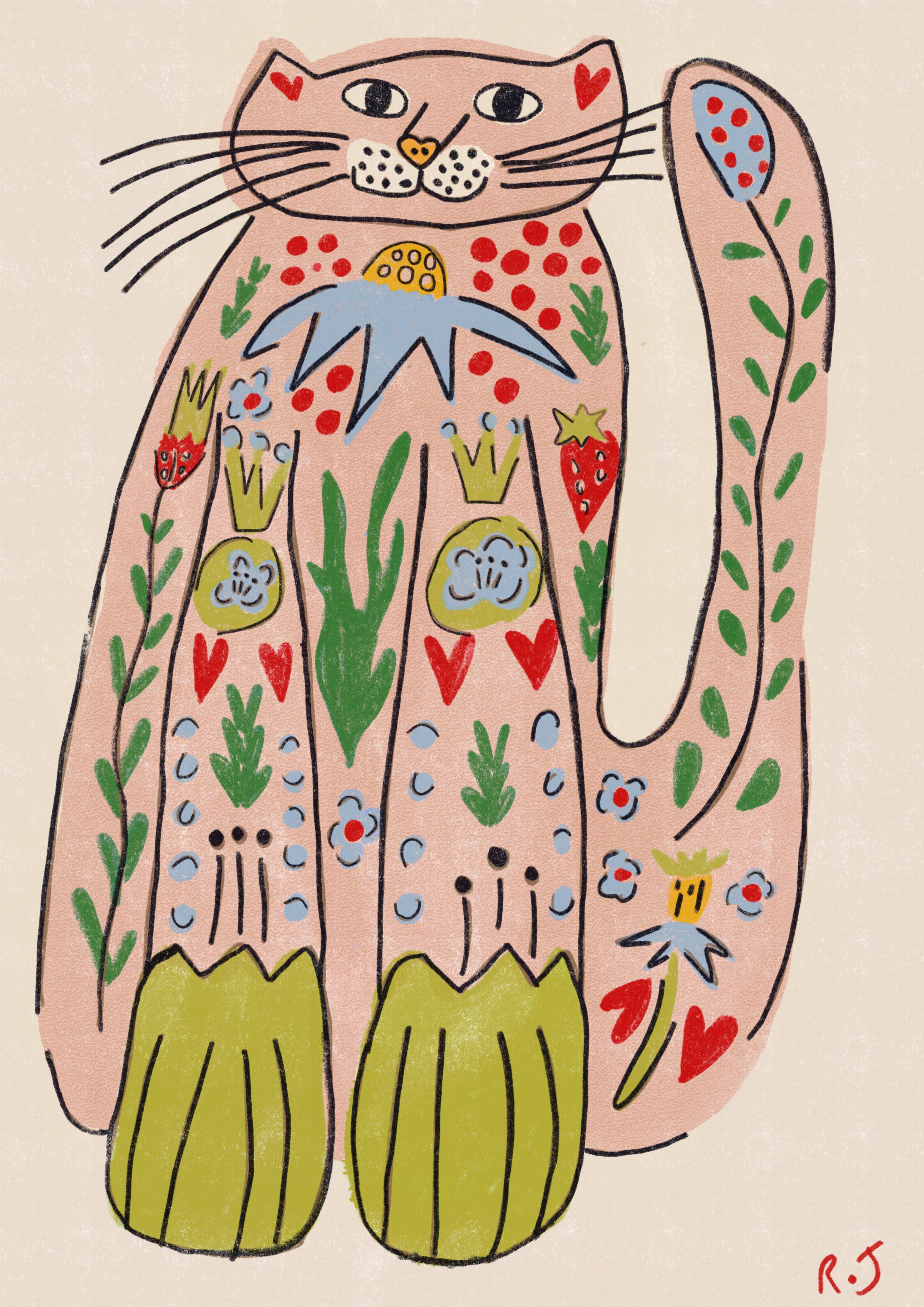 Rebecca Joy Ltd - Wholesale Art Print - 'Folk Cat' | Colourful | Modern Folk | Playful Print1