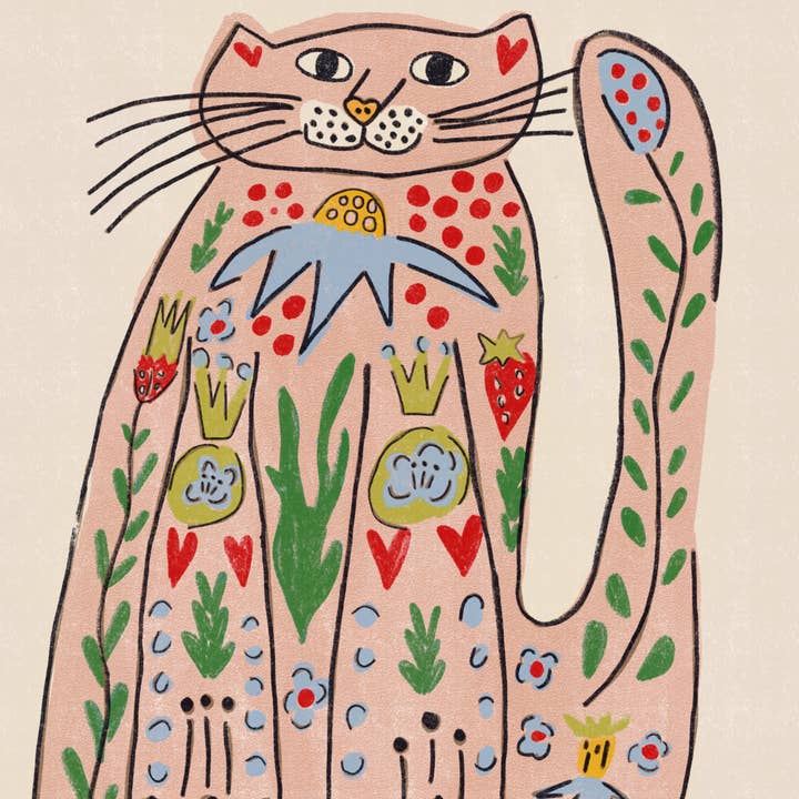 Rebecca Joy Ltd – wholesale Art print – 'Folk Cat' | Colourful | Modern Folk | Playful Print1