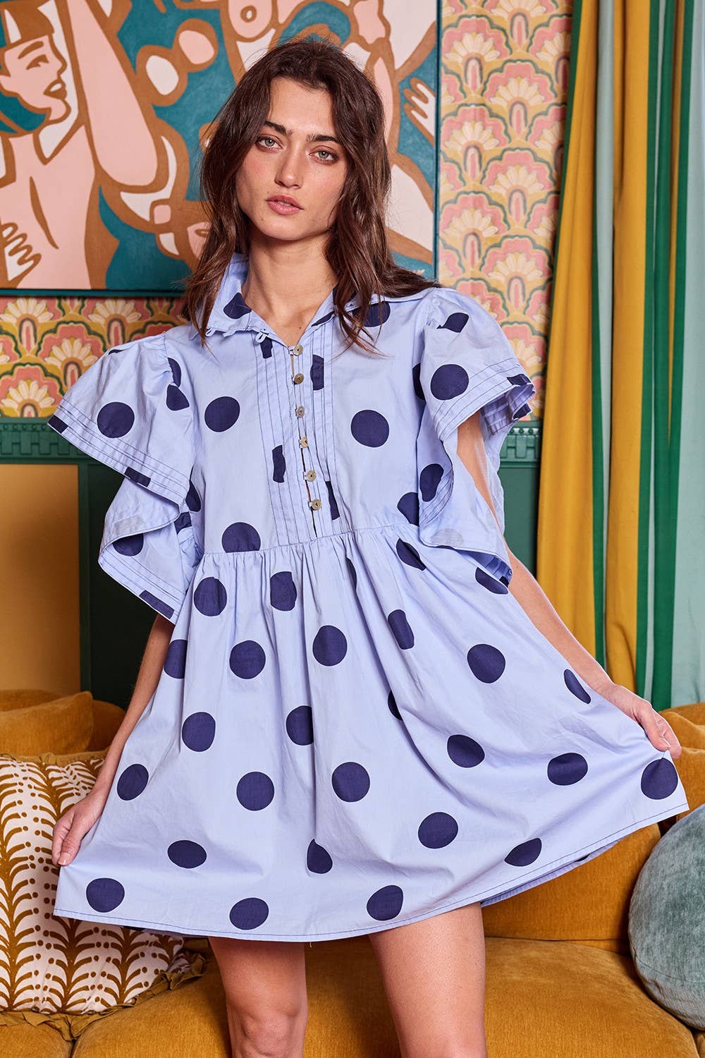 BUCKETLIST INC - Wholesale Dress - Women's - ID4283 Ruffle Sleeve Pintuck Detail Polka Dot Mini Dress27