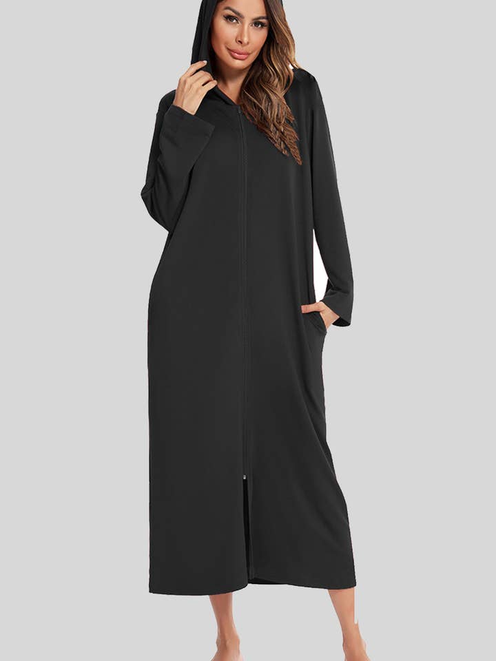 Queenado – wholesale Dress – Women's – Zip Front Hooded Night Dress with Pockets