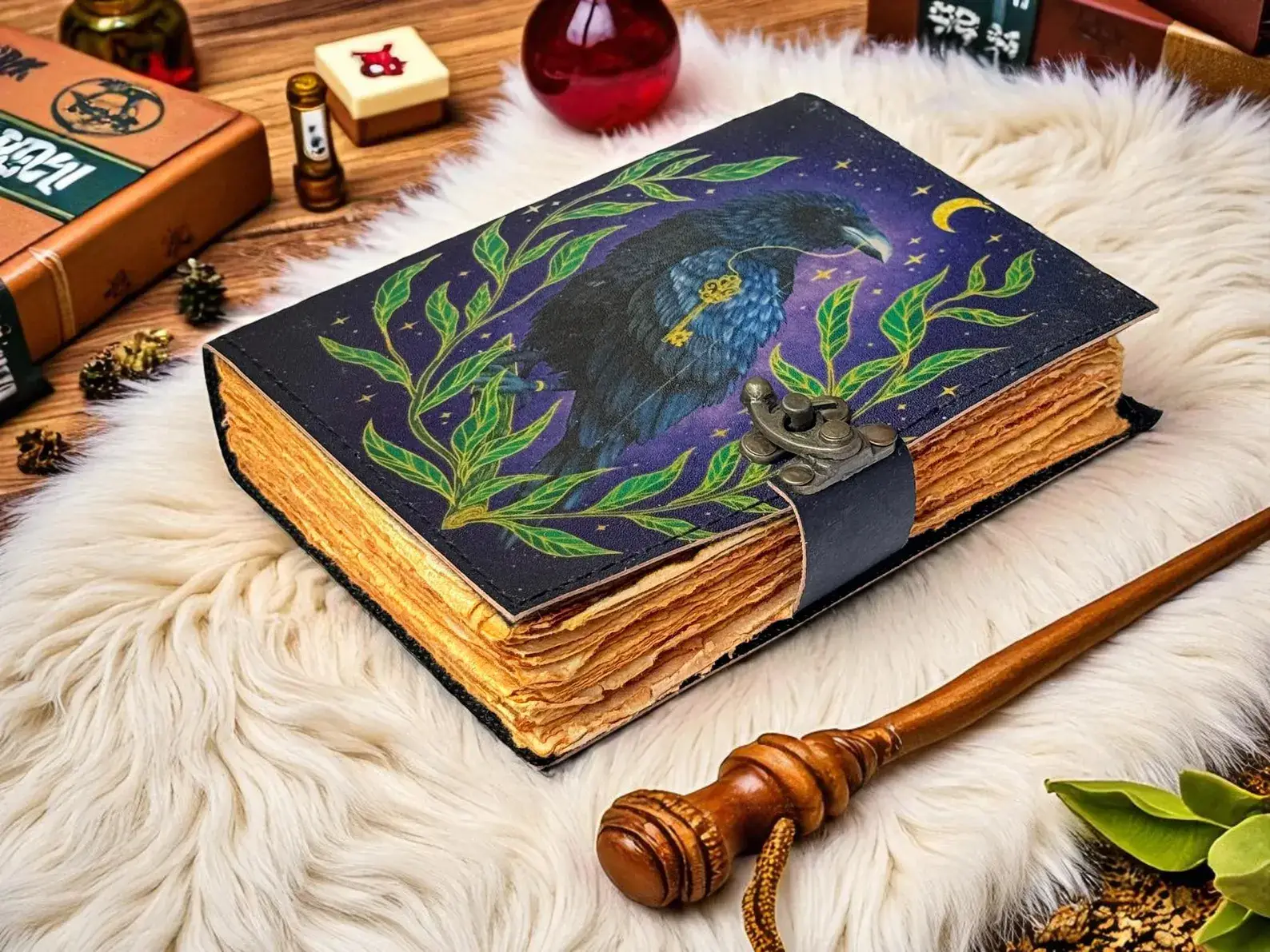 MNM HANDICRAFTS – Diário por atacado – Diário de Couro de Corvo com Design de Lua Livro Grimório Gótico2