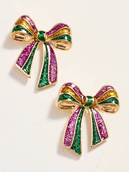 Mardi Gras Glitter Bow Ribbon Post Earrings for wholesale by Designature New York