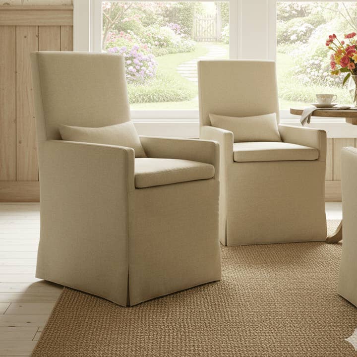 CHAISE DE SALLE À MANGER SANDSPUR BEACH ARM - AVEC ROULETTES - LIN BROSSÉ pour la vente par Padma's Plantation