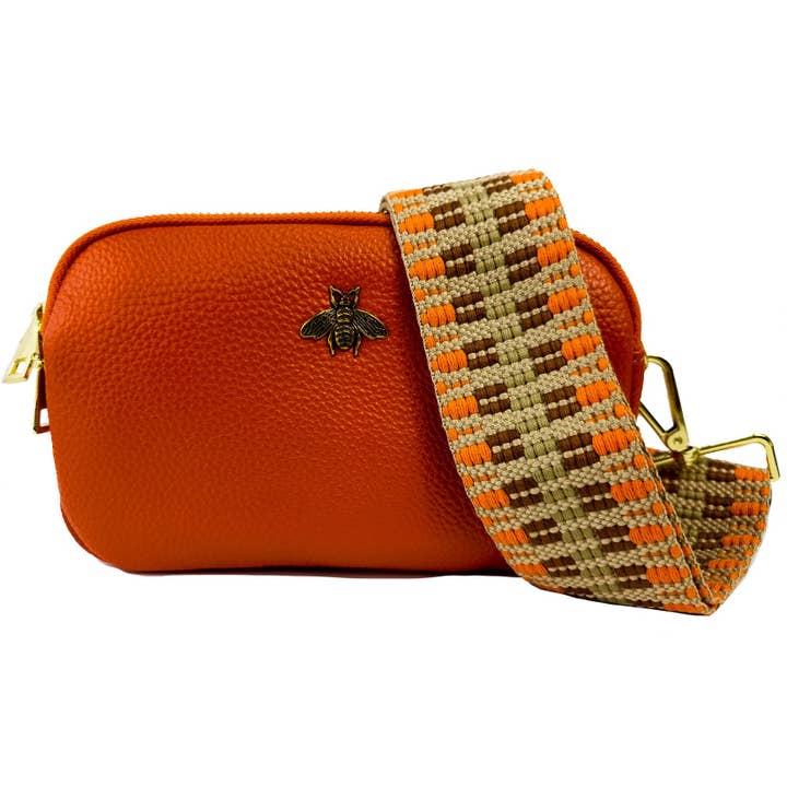 Italian Leather Crossbody Bag with Bee Motif Orange for wholesale by Strathurie