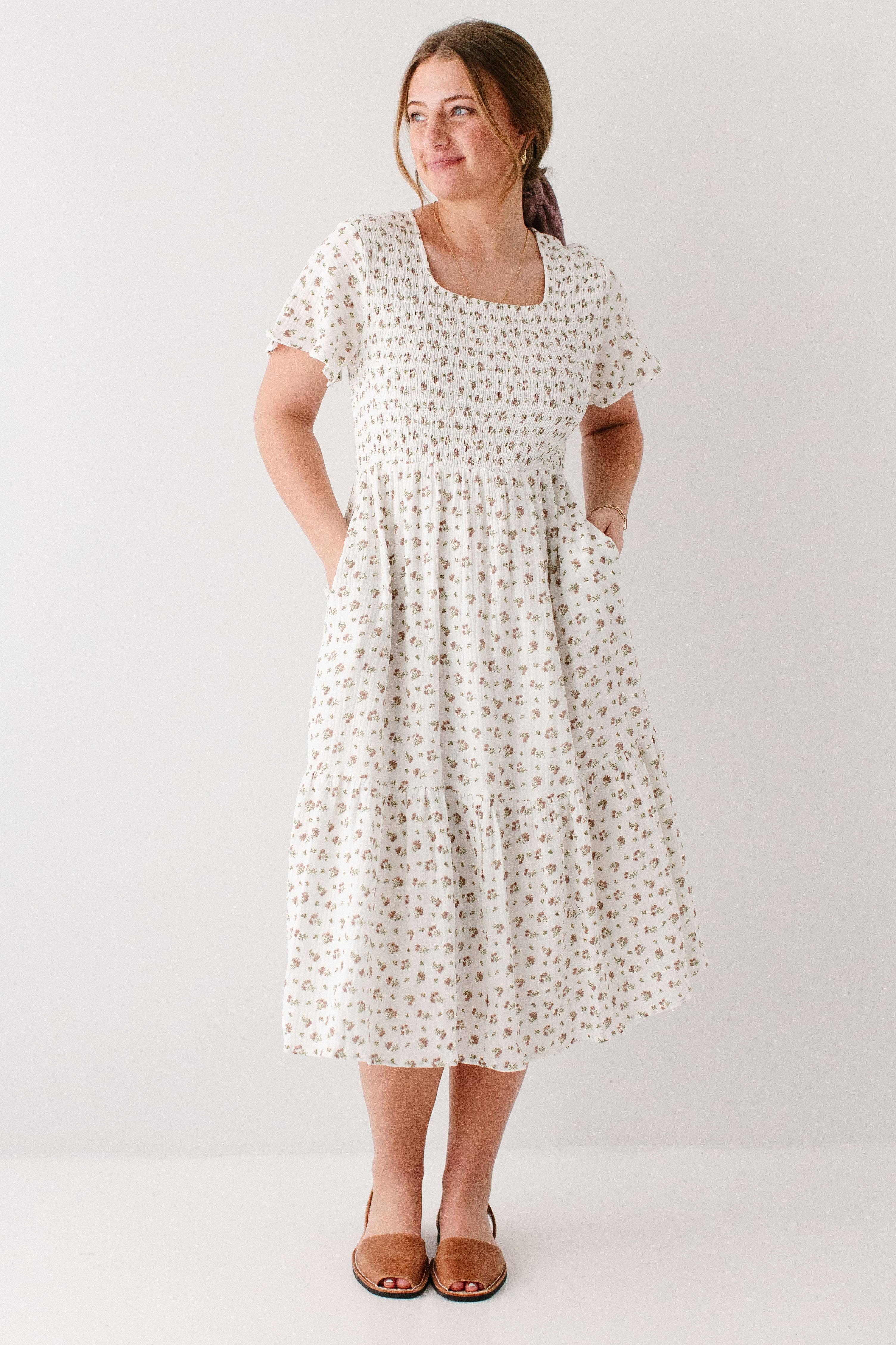 White 'Lynette' Smocked Bodice Floral Midi Dress for wholesale on Faire2