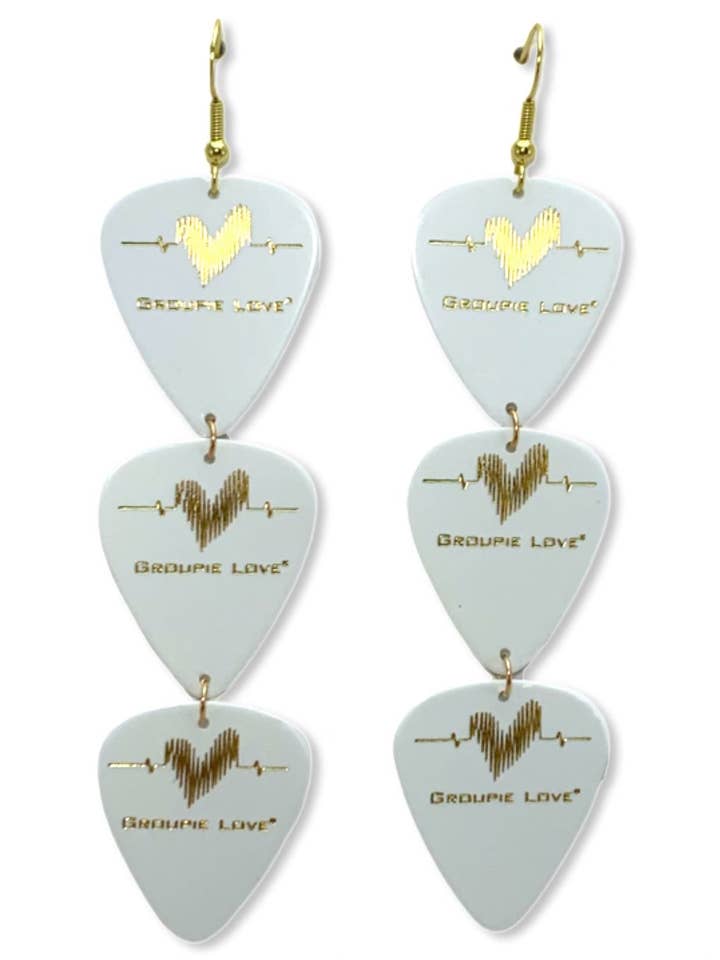 Groupie Love White Gold Triple Guitar Pick Earrings for wholesale by Groupie Love