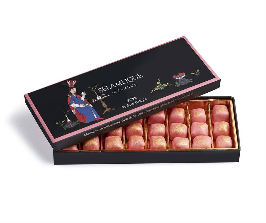 Aladdin - Wholesale Nougat - Selamlique Rose Turkish Delight - Chocolate Covered Almond Rose Delight Sprinkled with Gold Dust1