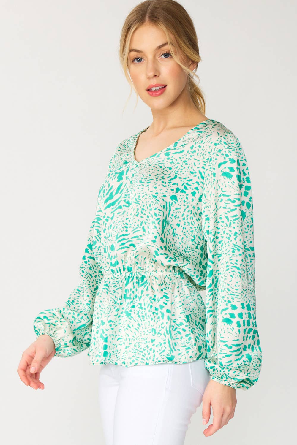 FSL Apparel – wholesale Blouse – Women’s – ST3755 - ANIMAL PRINT SATIN V NECK PEPLUM TOP2