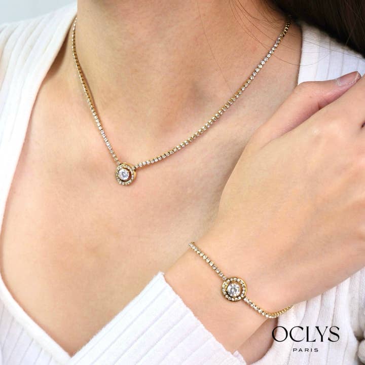 Rita Edelstahl-Armband mit runder Strass-Steinkette in Gold für den Großhandel von Oclys