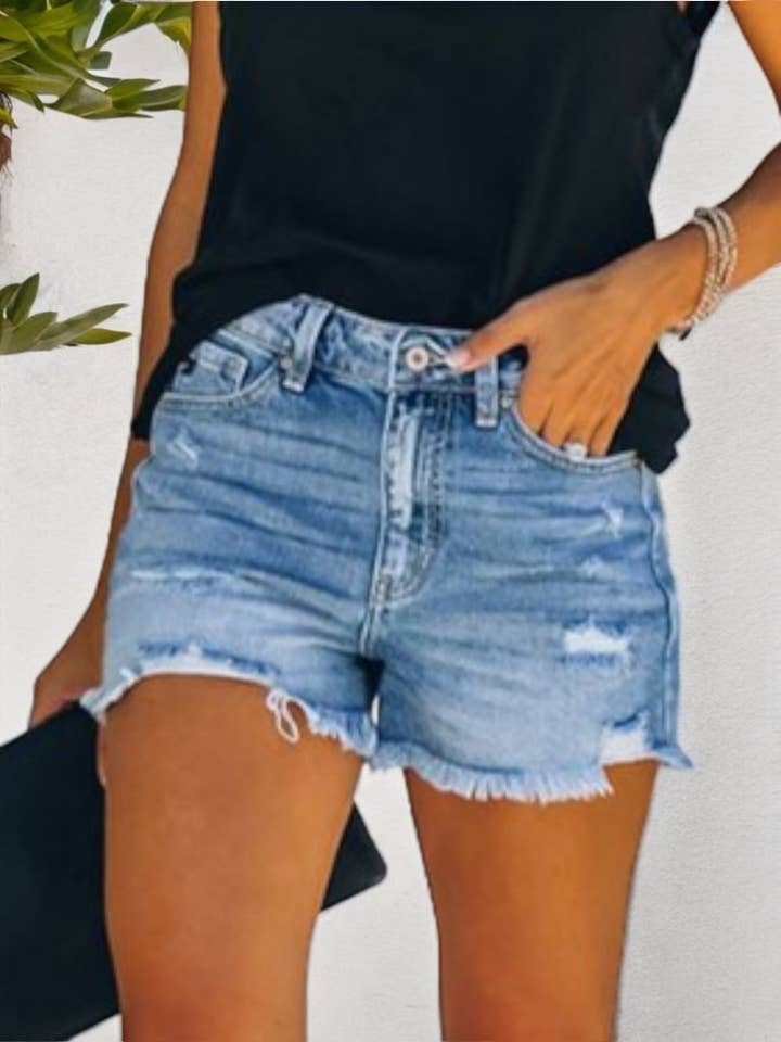 Blue Distressed Denim Shorts with Frayed Hem for wholesale on Faire