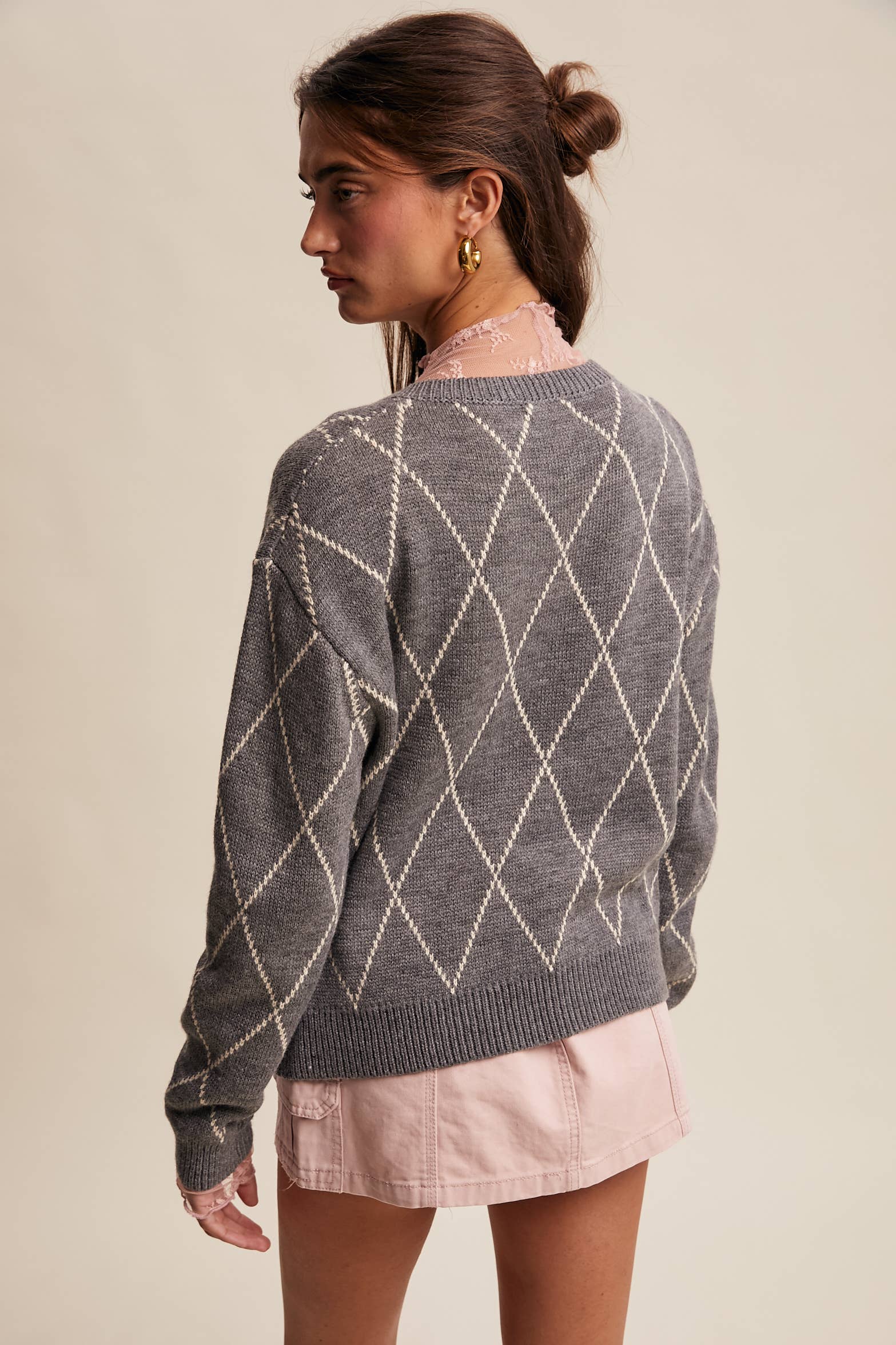 Listicle - Venta al por mayor Cárdigan - Mujer - Cárdigan de Punto con Detalle de Lazo Argyle LSW09733