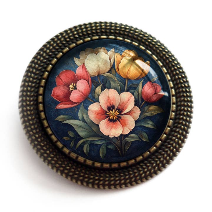 Moody Tulip Flowers Glass Cabochon Spring Brooch for wholesale by The Divine Iguana