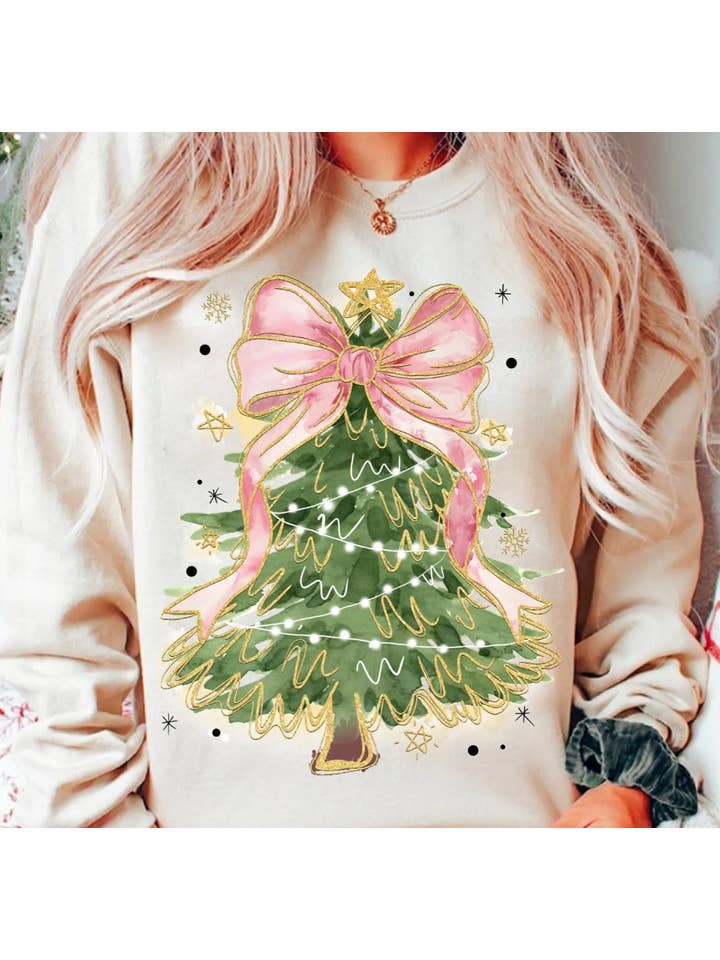 Peach Closet - Wholesale Graphic sweatshirt – Women’s - Christmas Tree With Pink Bow T-Shirt or Crew Sweatshirt