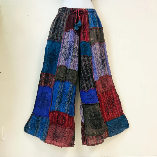 Karma Nepal Crafts – Conjunto de top e calça (roupa NÃO Casual) - Mulher por atacado – Conjunto de Calça Palazzo Patchwork de Algodão com Blusa de Manga Flare4