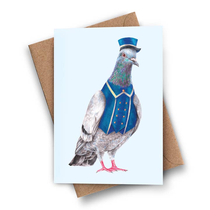 Darnell the Doorman Pigeon Greeting Card - Funny Animal Art for wholesale by Kayla Reay Design