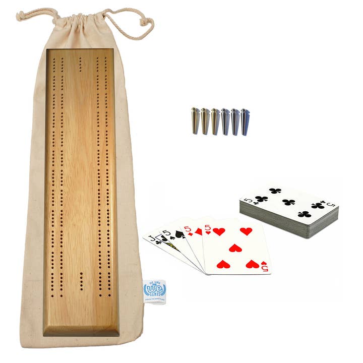 WE Games Deluxe Cribbage Set - Solid Wood with Sprint 2 Track Board with Easy Grip Pegs, Deck of Cards & Canvas Storage Bag for wholesale by Wood Expressions