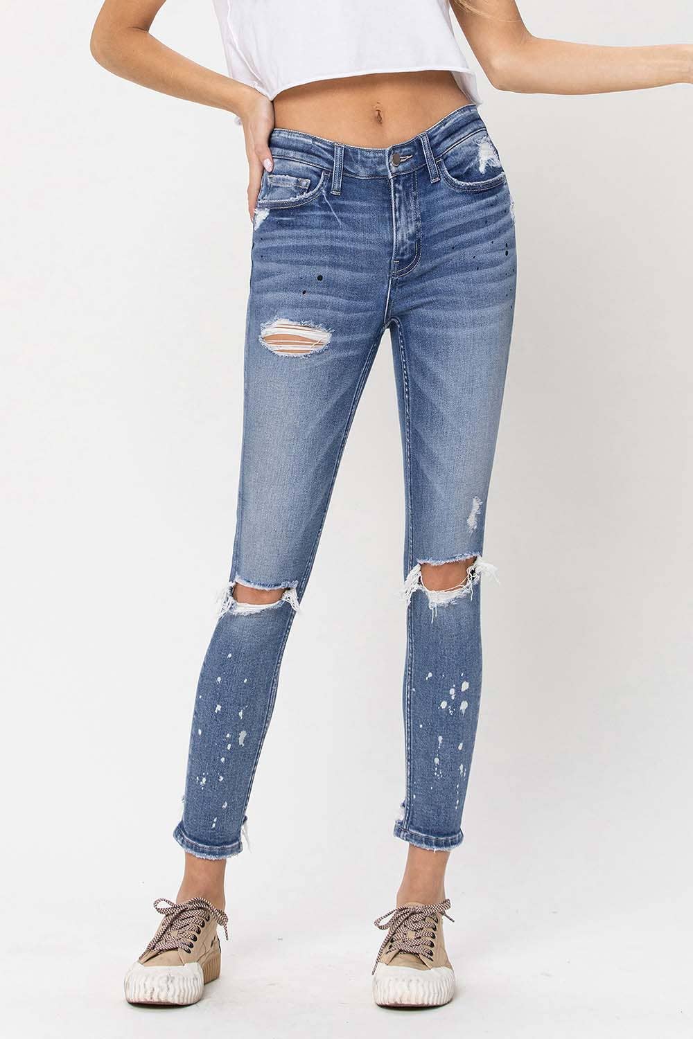 SEA SALT MID RISE DISTRESSED PAINT SPLATTER SKINNY JEANS F4159 for wholesale on Faire8