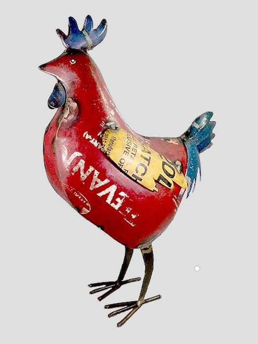 Rooster Red Recycled Metal Animals Sculpture - 15" Height for wholesale by Everyday Artifact