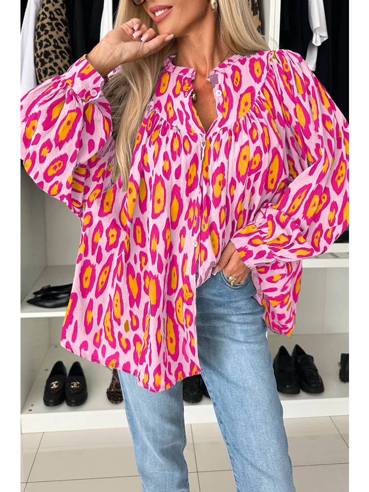 Rose Röd Leopard Ballongärm Oversize Skjorta för wholesale på Faire