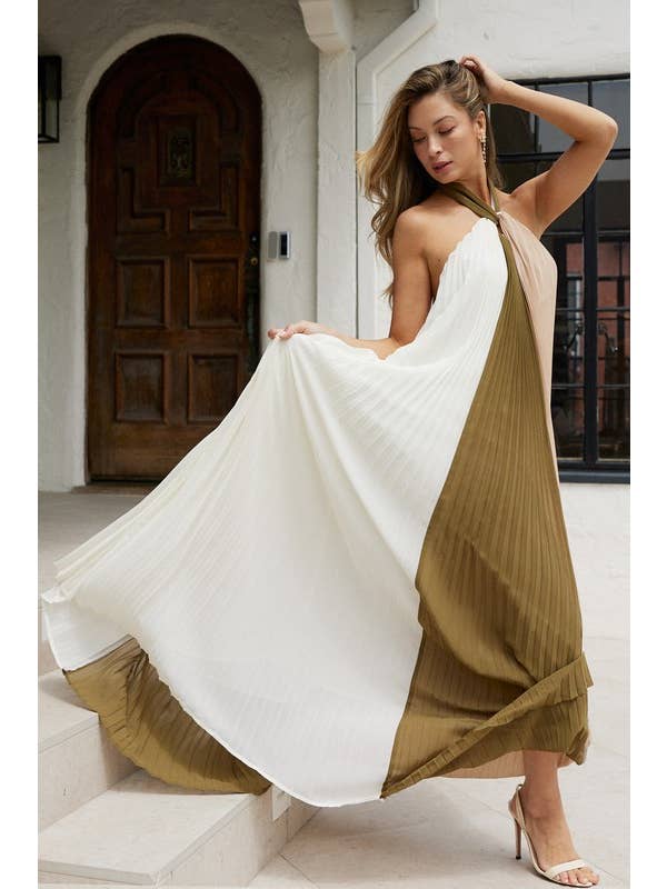 Endless Blu - Wholesale Dress - Women's - Halter Neck Pleated Colorblock Maxi Dress6