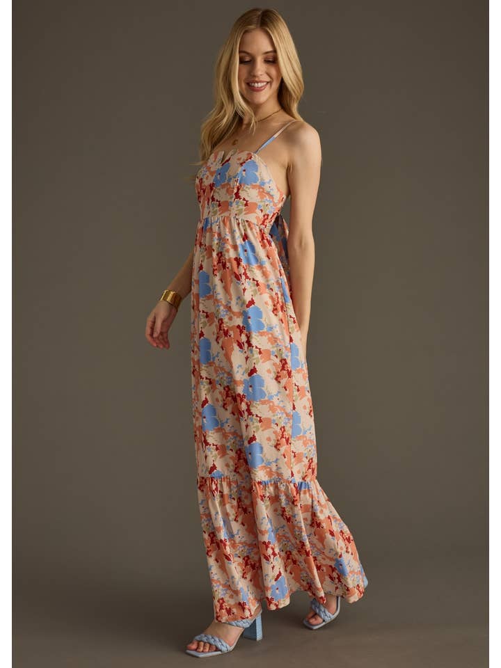 Panache Apparel Co. – Engroshandel Kjole - Dame – Orange & blå blomstret maxikjole1