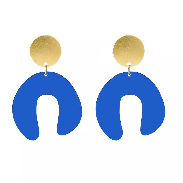 New D Doodle Earrings In Cobalt (Jade Reverse) Wood & Brass for wholesale by Shock of Grey