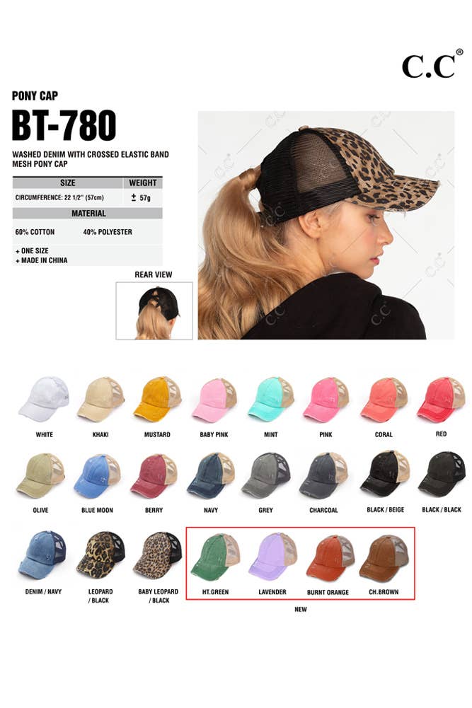 Hana - Wholesale Ponytail Cap - Women's - C.C Washed Denim with Crossed Elastic Band Mesh Pony Cap33