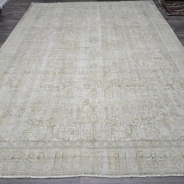 Neutral Oushak Area Rug/ Hand Knotted Vintage Oversize Turkish Rug Geometric // 9.50x12.50 feet for wholesale by MesopotamiaRugs