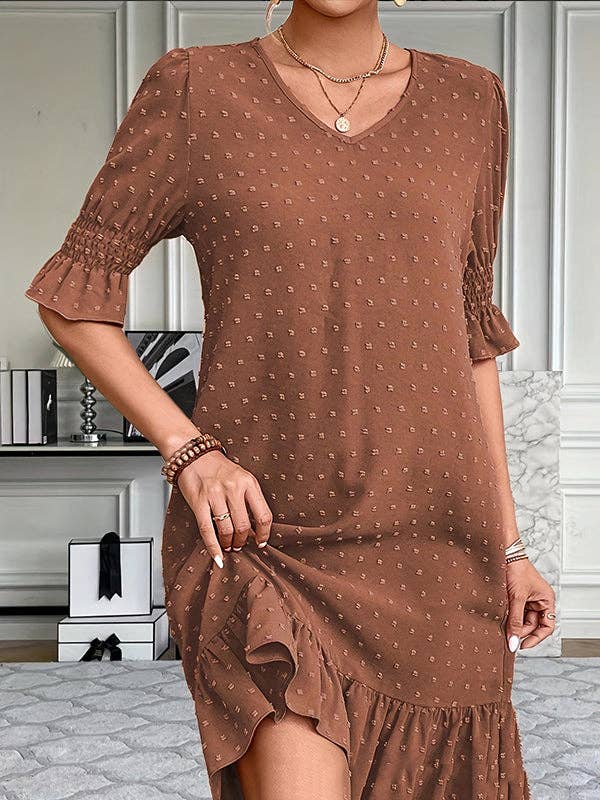 Plush Looks – Großhandel Kleid – Damen – A-Linien-Minikleider mit ausgestellten Ärmeln und elastischem Jacquardplissee, einfarbig, mit geteilten Gelenken und V-Ausschnitt1