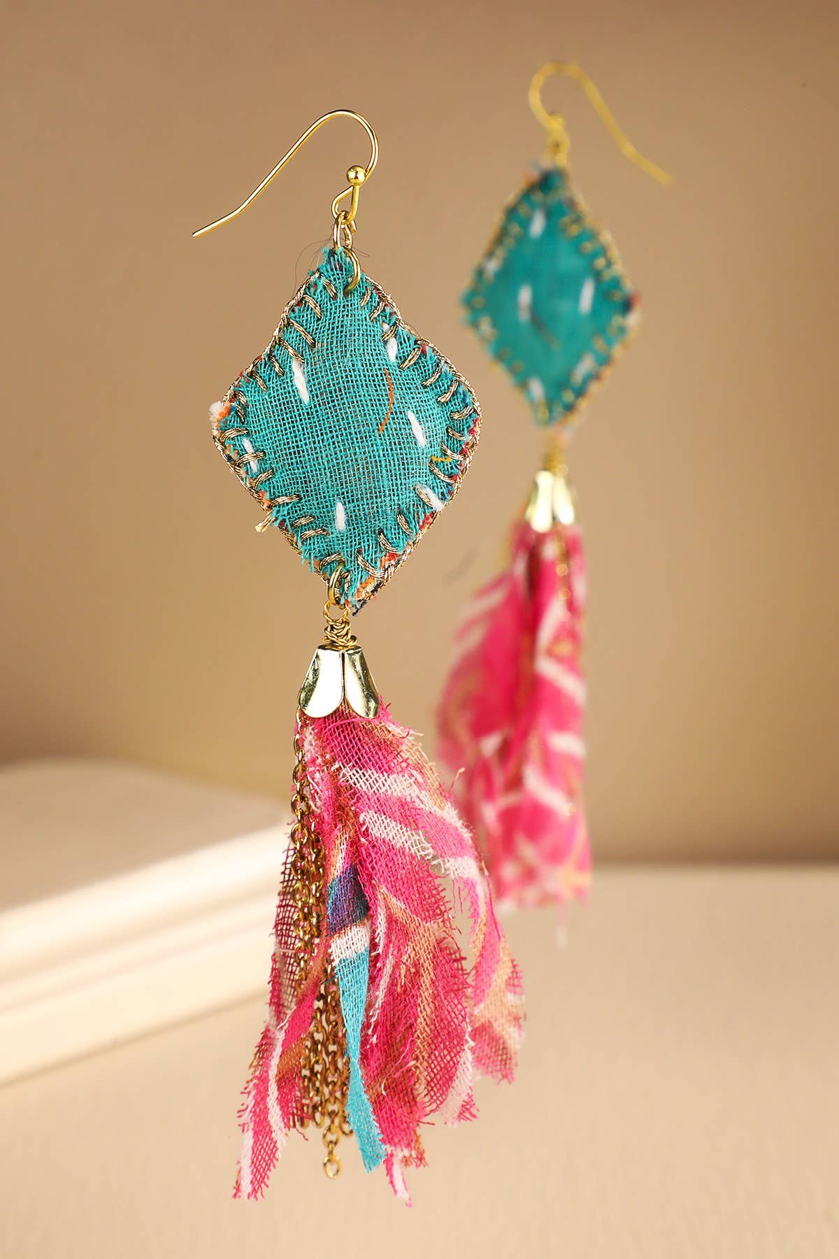 MULTI MUL  Handmade Diamond-shape Drop Earrings with Tassels for wholesale on Faire1