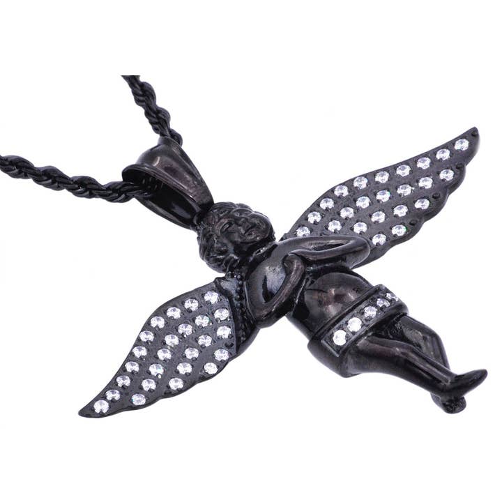 Blackjack Mens Jewelry - Wholesale Pendant/Charm Necklace - Men's Black Stainless Steel Angel Pendant Necklace With Cubic Zirconia