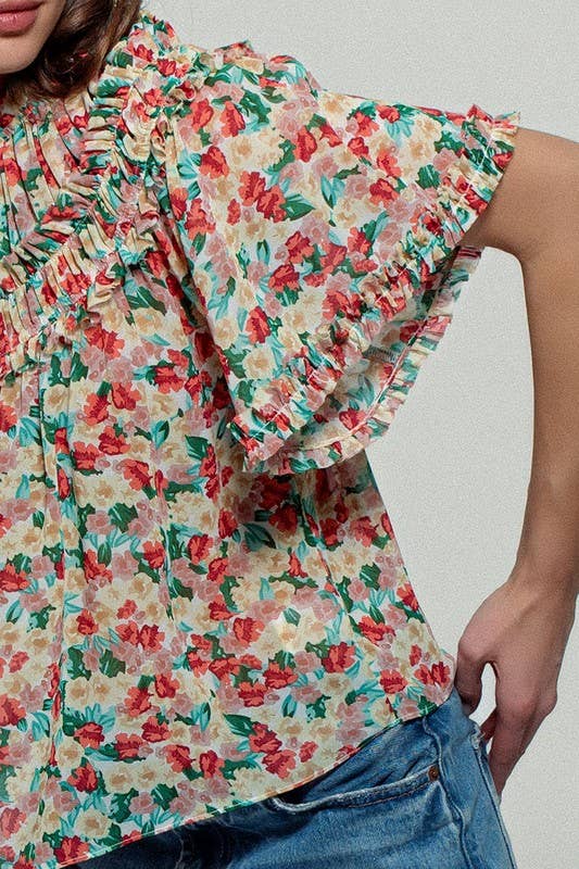 CORAL GREEN Aurora of Ruffle Short Sleeve Blouse for wholesale on Faire2