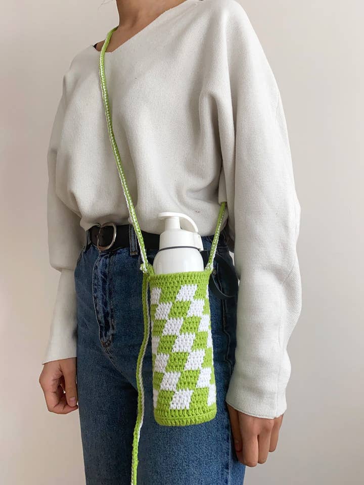 Handmade Checkered Flower Bottle Holder with Strap for wholesale by Honey Art and Nature