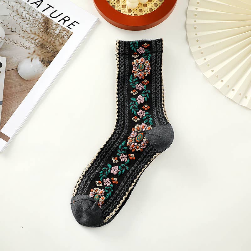 Tourtiwi - Wholesale Socks - Women's - Boho Vintage Floral Embroidered Crew Socks 4
