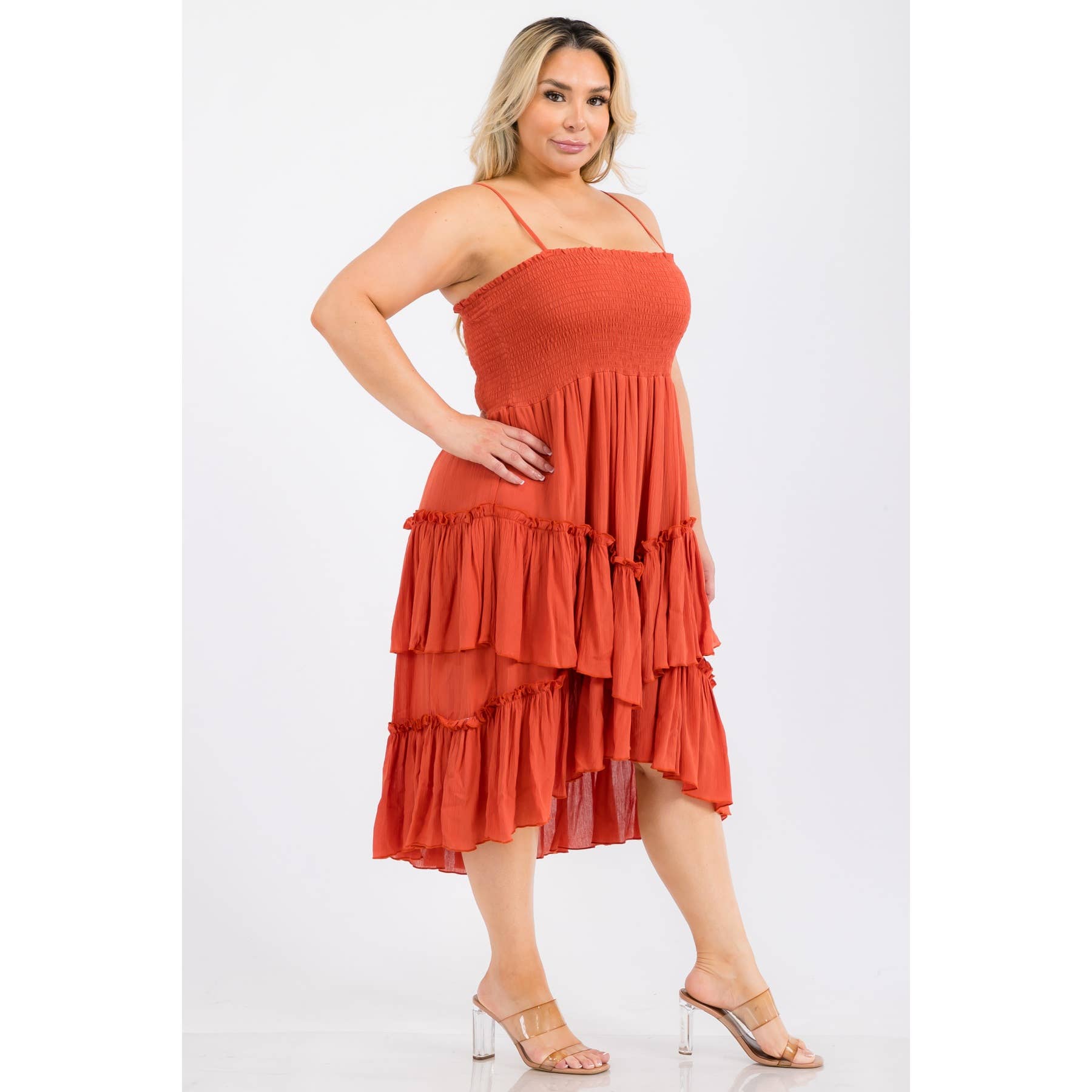 Curve Market - Wholesale Dress - Women's - PLUS SIZE SQUARE NECK SMOCKED BODICE TIERED RUFFLE HEM MIDI 4