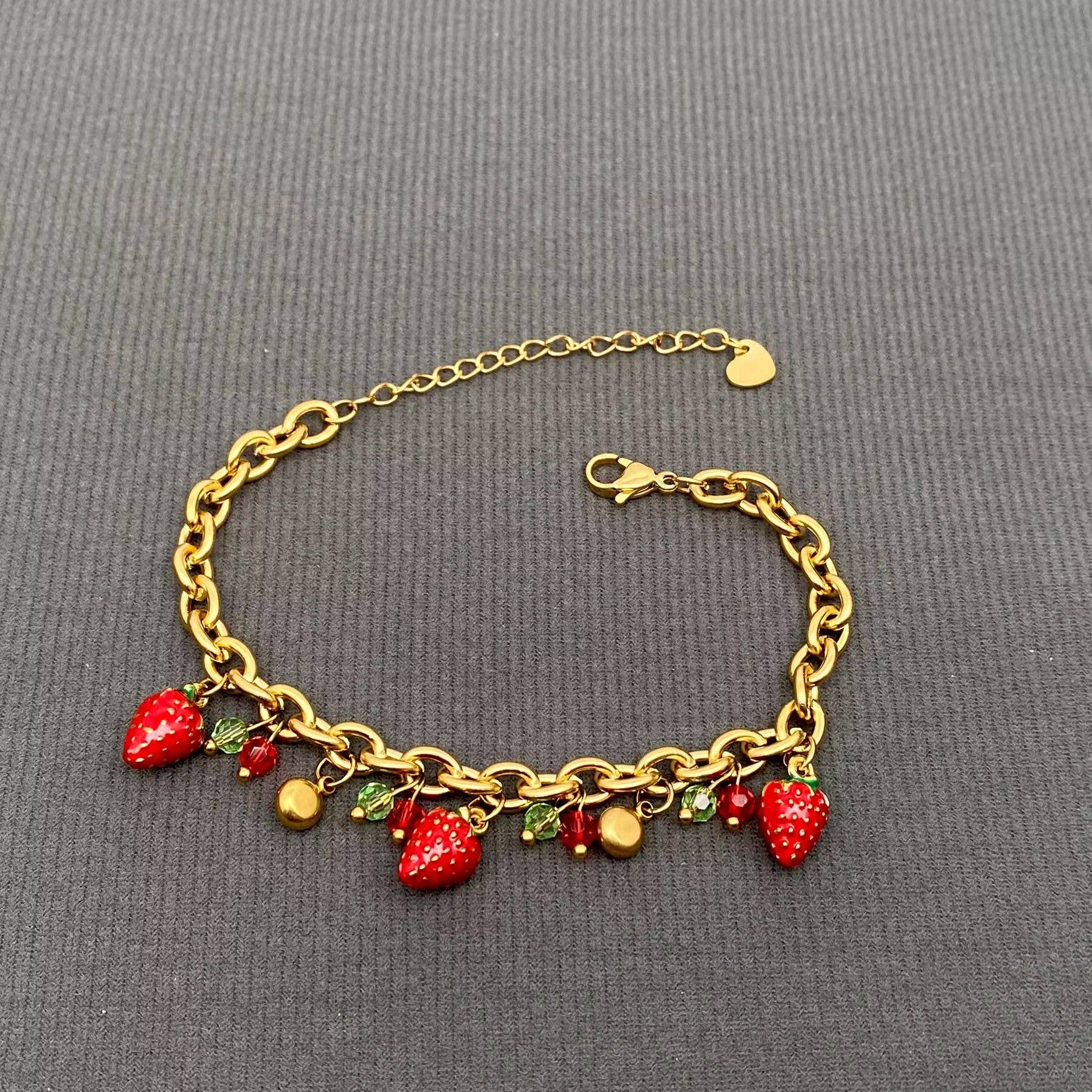 Mio Queena - Wholesale Charm/Dangle Bracelet - Enamel Strawberry Charm 18K Gold Plated SS Bracelet - FGS2