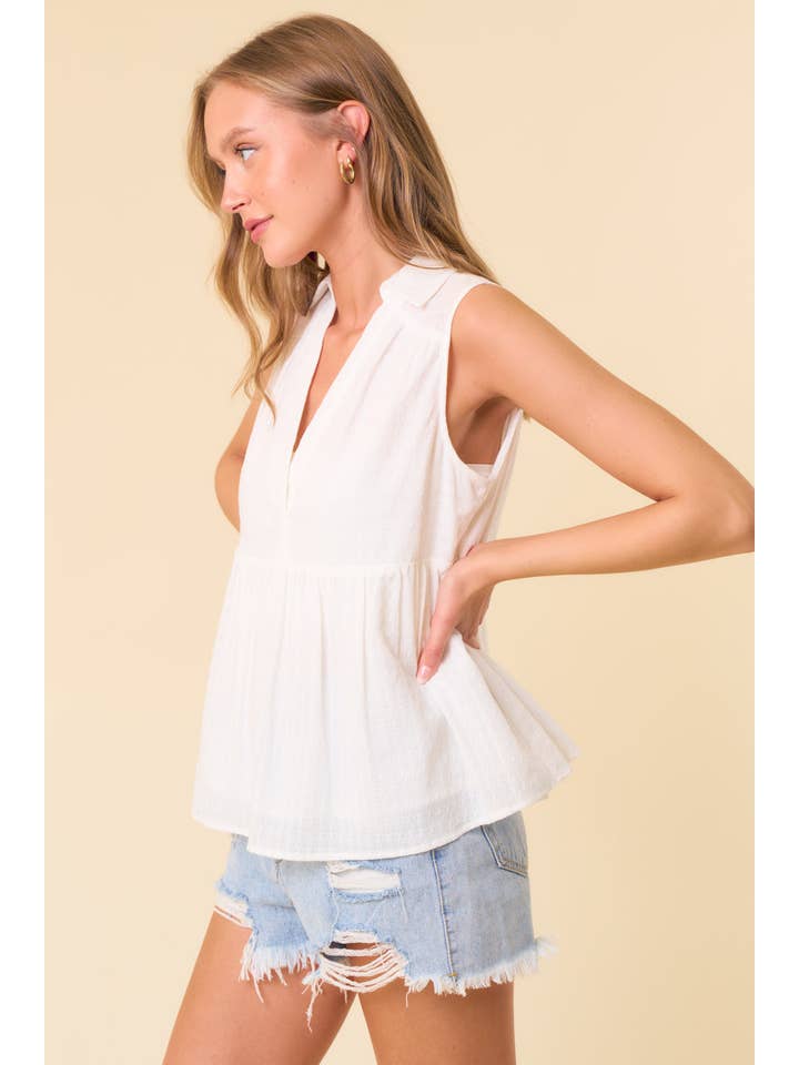 Doe and Rae - Wholesale Blouse - Women's - Textured Cotton Collared Split V-Neck Sleeveless - 44378T