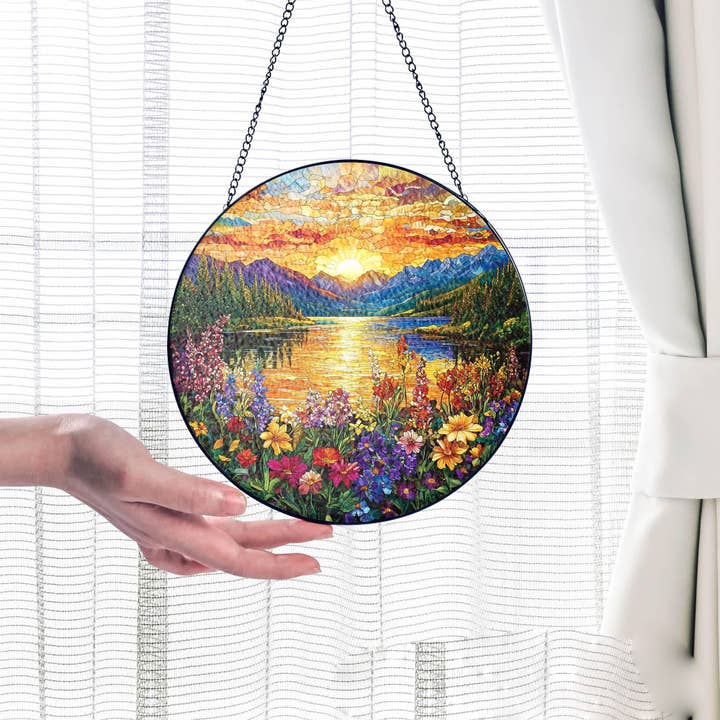 Wildflower Sunset Stained Glass Suncatcher, Mountain Sunset for wholesale by NVC Ecommerce LLC