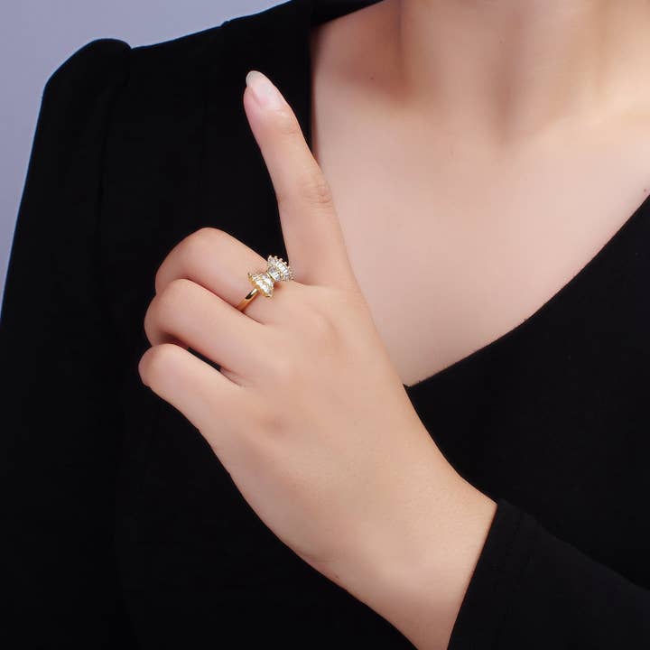 Aim Eternal - Wholesale Multi-Stone Ring - 14K Gold Filled Clear CZ Baguette Bow Ribbon Adjustable Ring | O10841