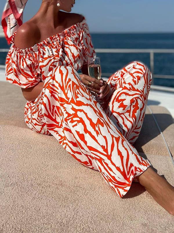 Off shoulder crop tops wide leg pants 2 piece outfits for wholesale by HIDDENBRAND