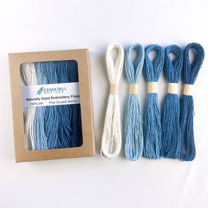 Cedar Dell Designs - Wholesale Embroidery/Cross Stitch Supplies - Indigo Dyed Silk Embroidery Floss - Ombre Set of Blue Thread