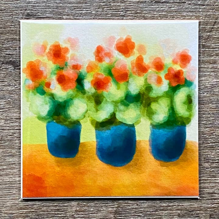4x4 Geraniums Blue Pot Art Print, Watercolor Art Print for wholesale by blonde birdie