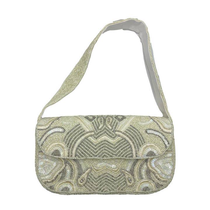WHITE SEQUIB BEADED SHOULDER BAG for wholesale by Pizzazz, Inc.