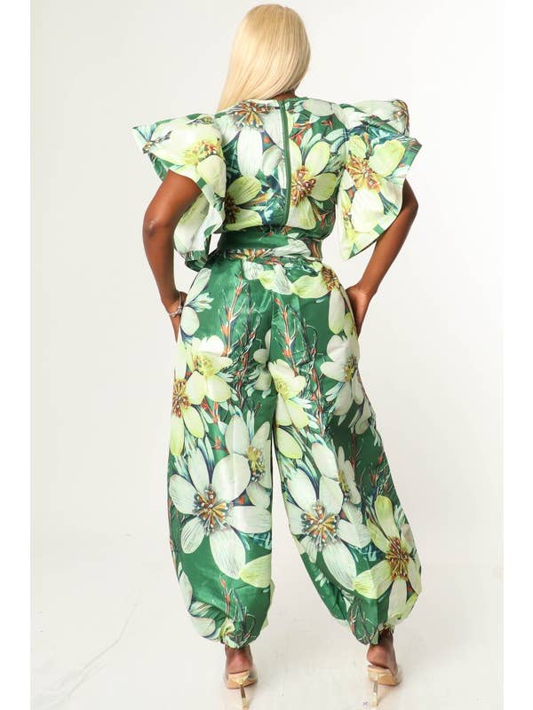 BJ's Closets - Wholesale Top & Pant Set (NOT Loungewear) - Women's - MULTI FLORAL RUFFLE SHOULDER CROP TOP OVERSIZE JOGGER SET