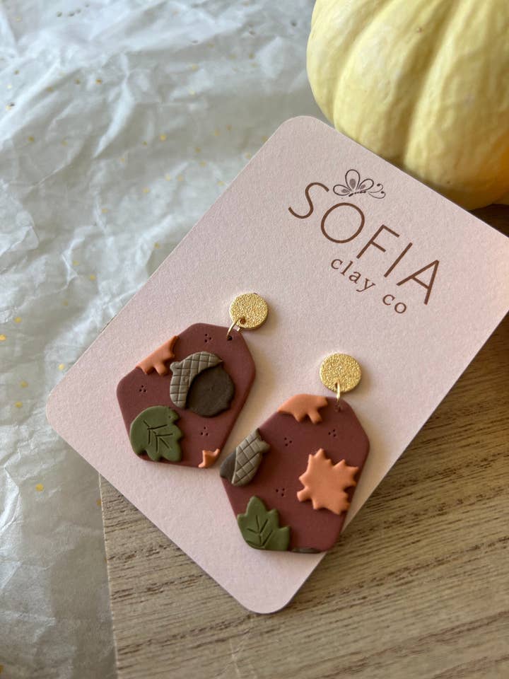 Fall Dangles, Maple Leaves, Acorn Earrings, Leaf Earrings, Polymer Clay Slab, Clay Earrings, Handmade Jewelry, Fall Wear for wholesale by Sofia Clay Co.