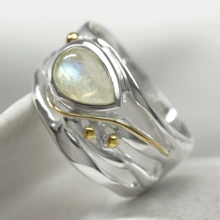 Handmade Sterling Silver Teardrop Moonstone Ring for wholesale by Banyan Jewellery