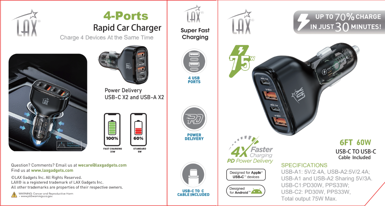 LAX Gadgets - Wholesale Portable Charger - USBPD 84W 3-Port Car Charger With Retractable USB-C Cable6